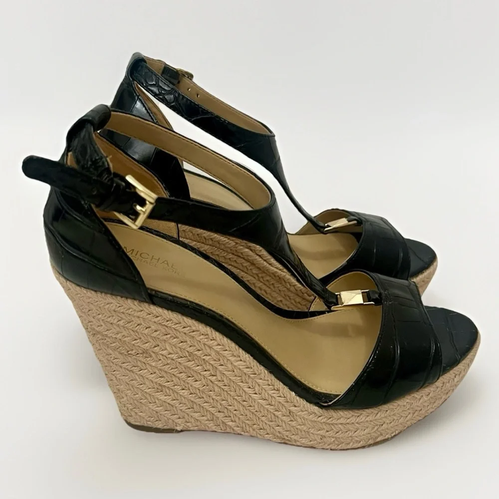 Michael Kors Fanning Espadrille Wedge Shoes Women’s Sz 8 Black Faux Leather Jute